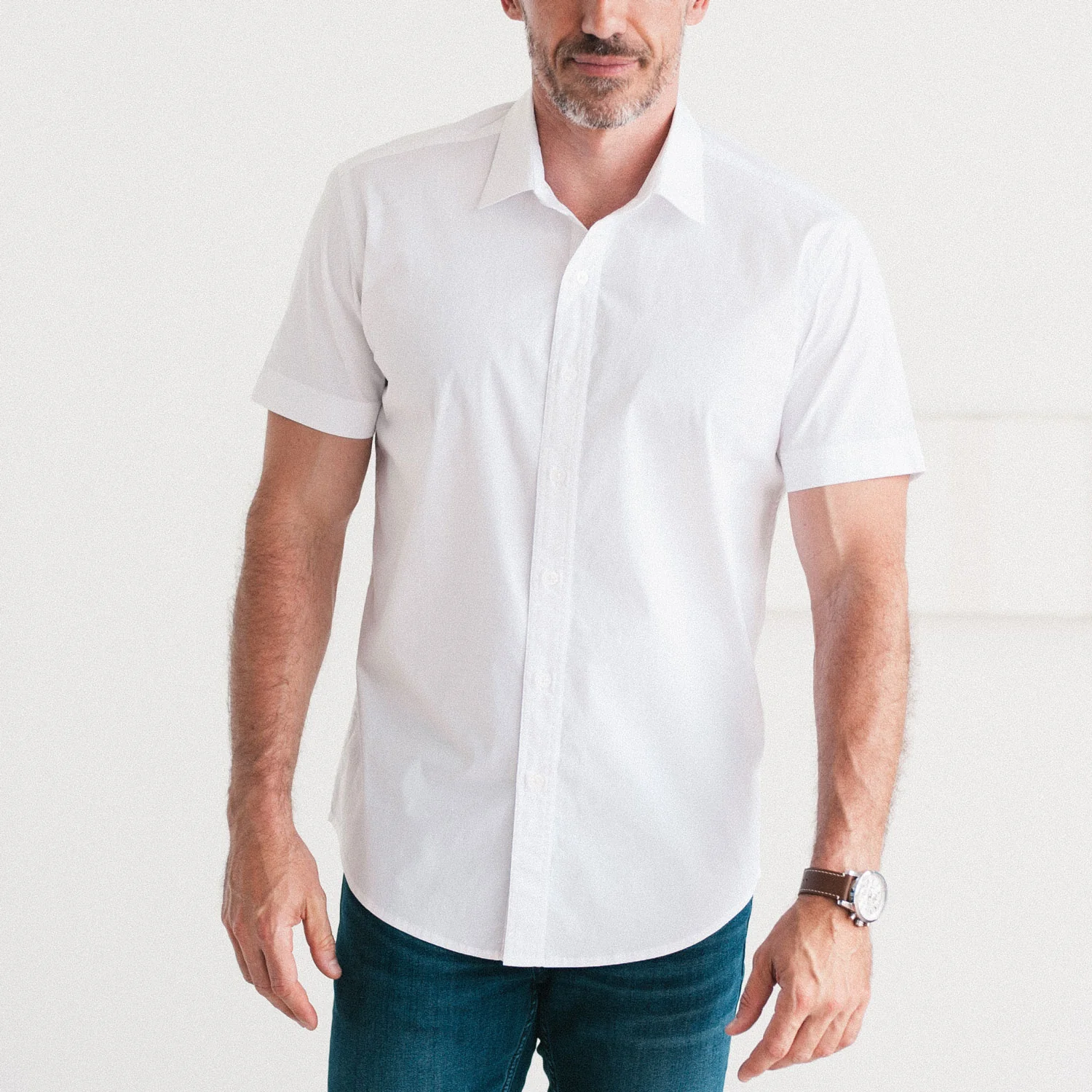 Essential Spread Collar Casual Short Sleeve Shirt - Pure White Stretch Cotton Poplin - Image 5