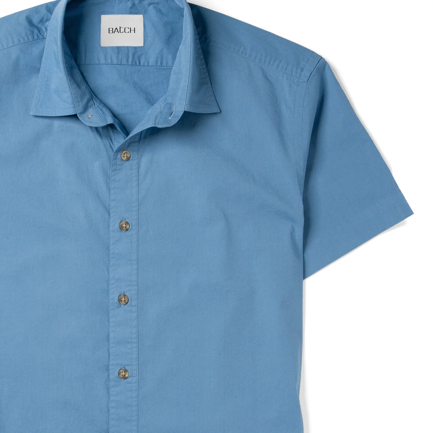 Essential Spread Collar Casual Short Sleeve Shirt - Steel Blue Stretch Cotton Poplin - Image 3