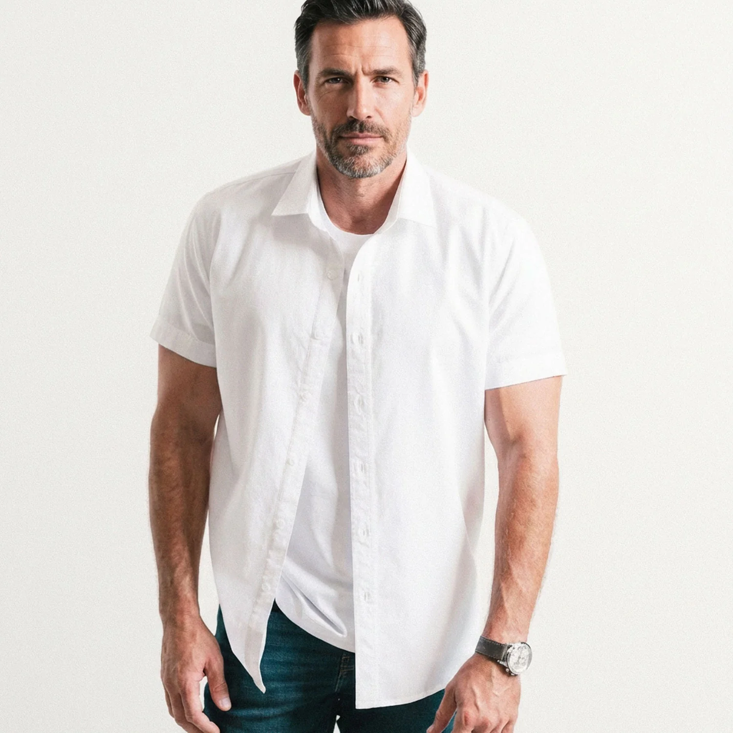 Essential Spread Collar Casual Short Sleeve Shirt - White Cotton Oxford - Image 4