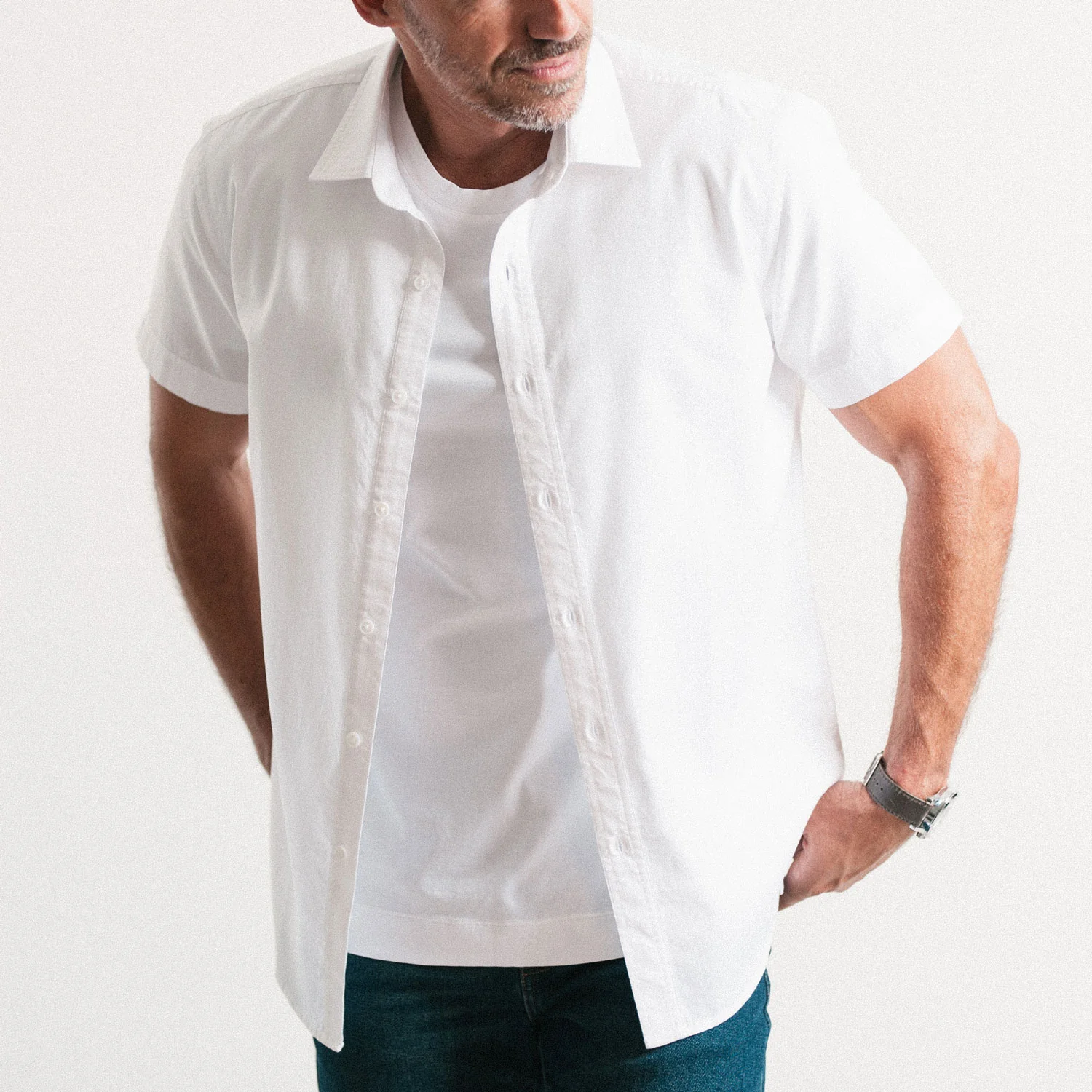 Essential Spread Collar Casual Short Sleeve Shirt - White Cotton Oxford - Image 5