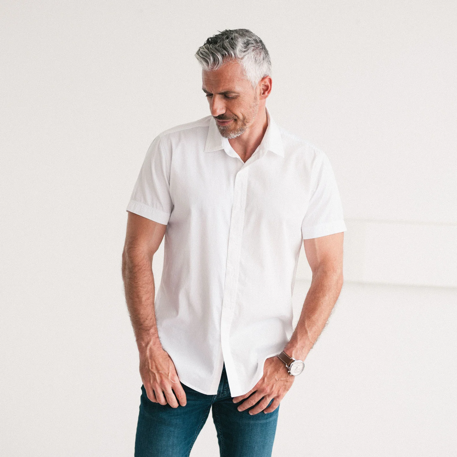 Essential Spread Collar Casual Short Sleeve Shirt - White Cotton Twill - Image 4