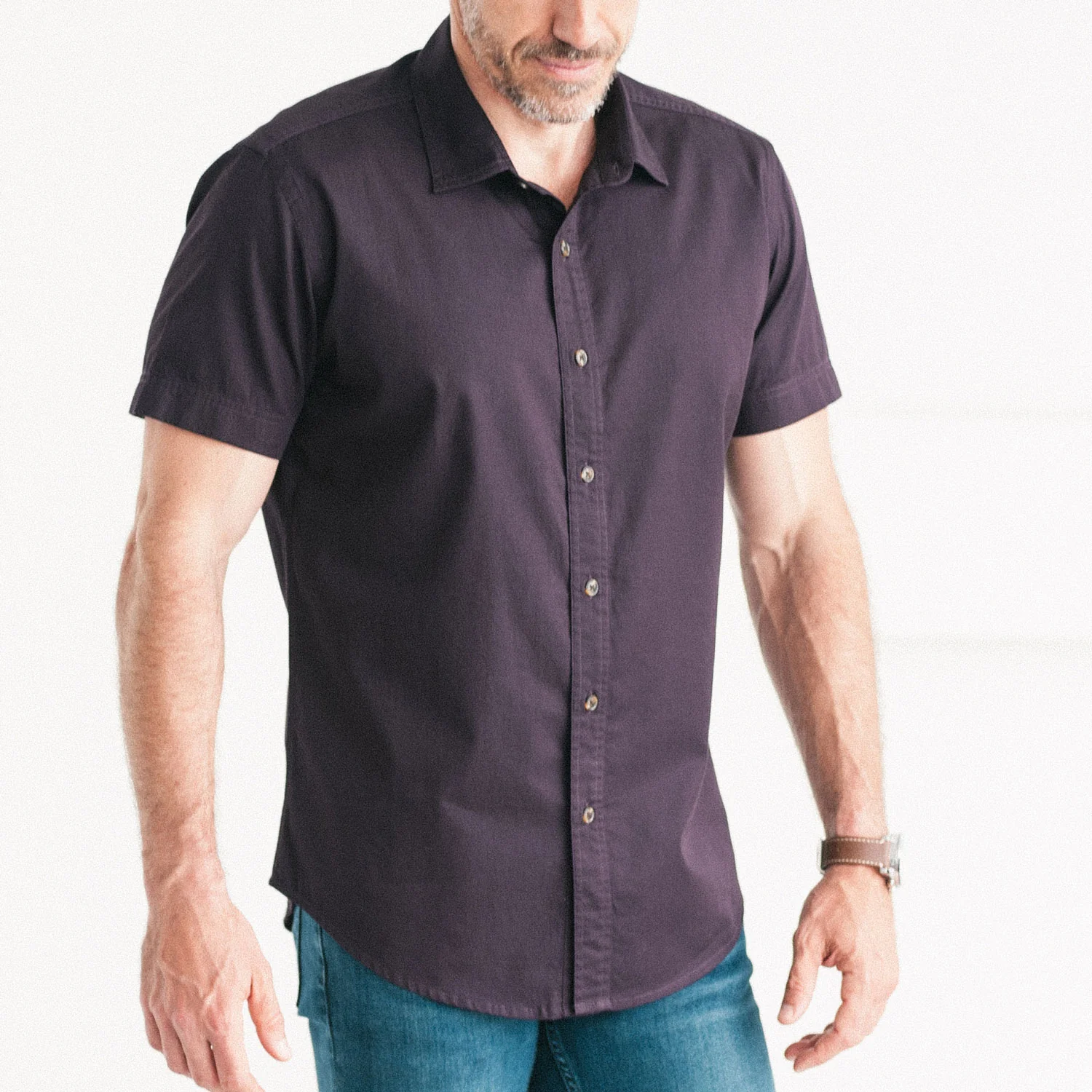 Essential Spread Collar Short Sleeve Casual Shirt - Burgundy Cotton Twill - Image 4