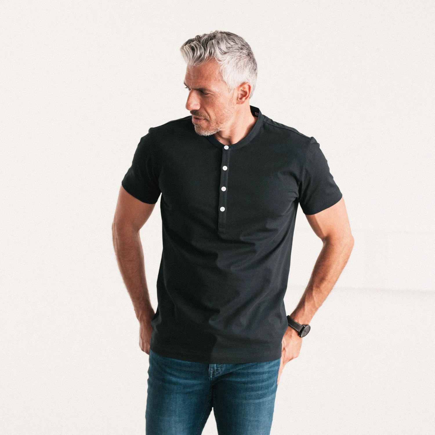 Essential WB Short Sleeve Henley Shirt – Black Cotton Jersey