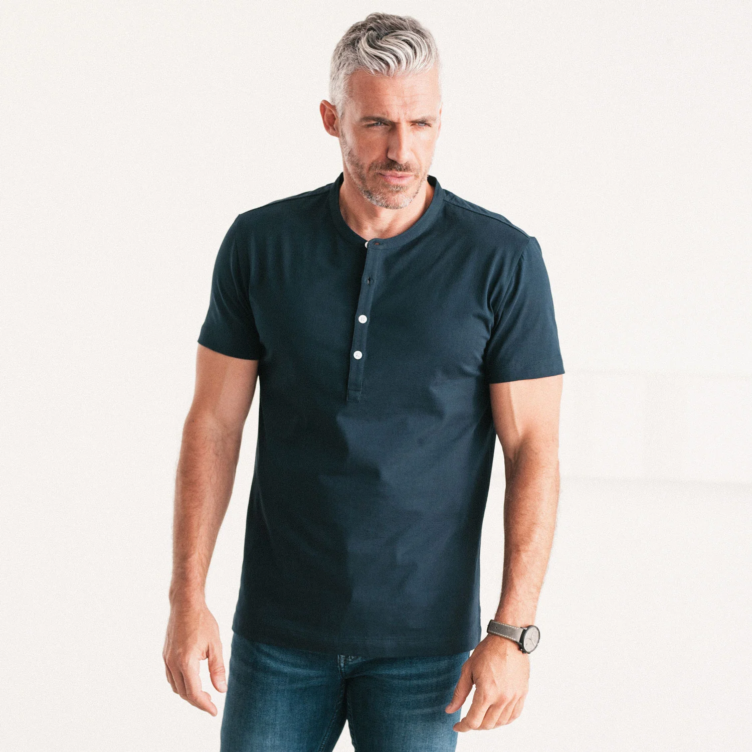 Essential WB Short Sleeve Henley Shirt – Navy Cotton Jersey