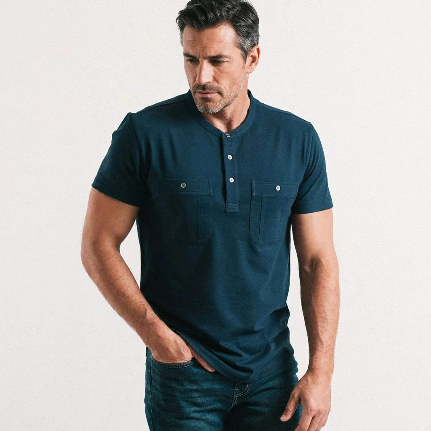 Fixer Short Sleeve Henley Shirt –  Navy Cotton Jersey