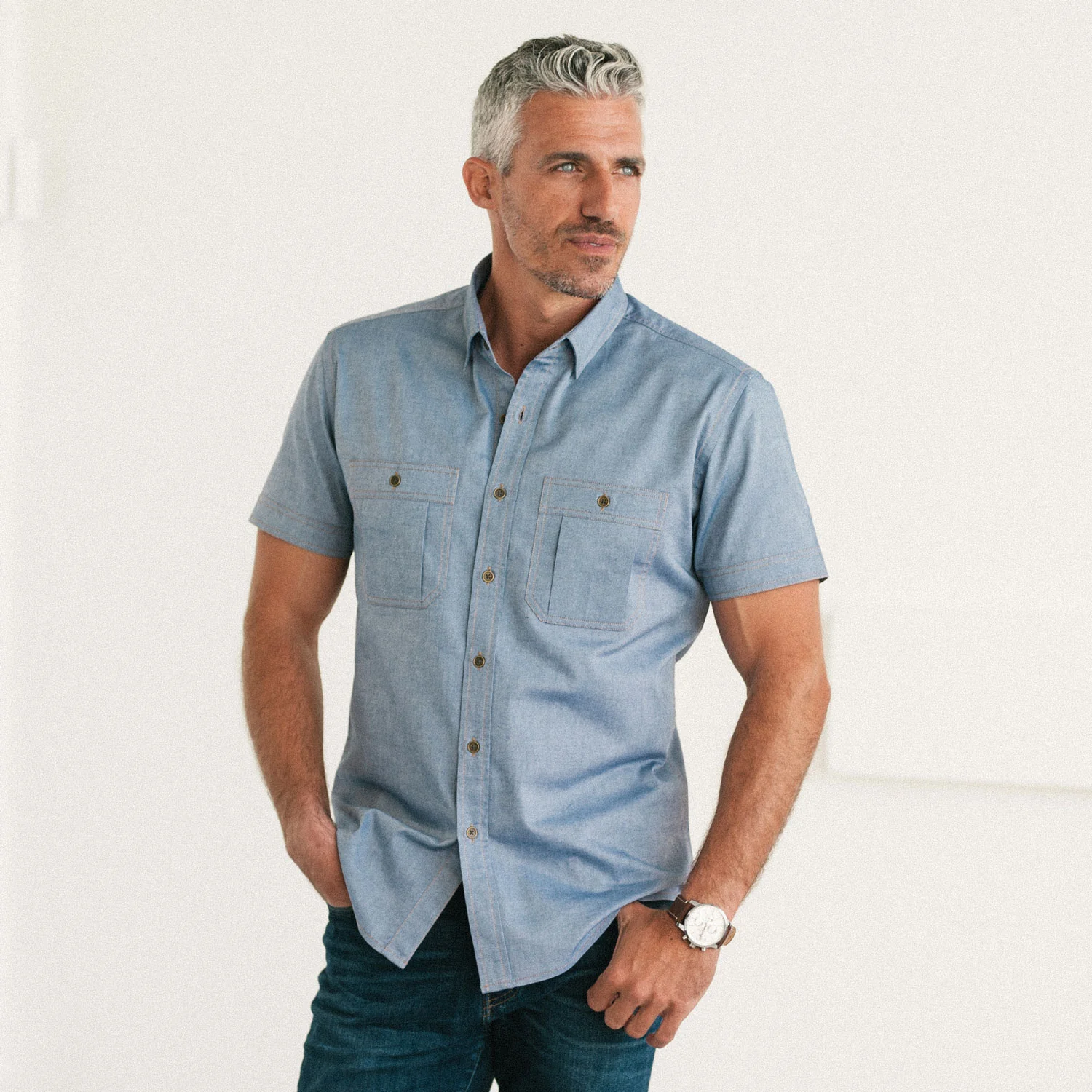 Fixer Short Sleeve Utility Shirt – Harbor Blue Cotton Oxford - Image 4