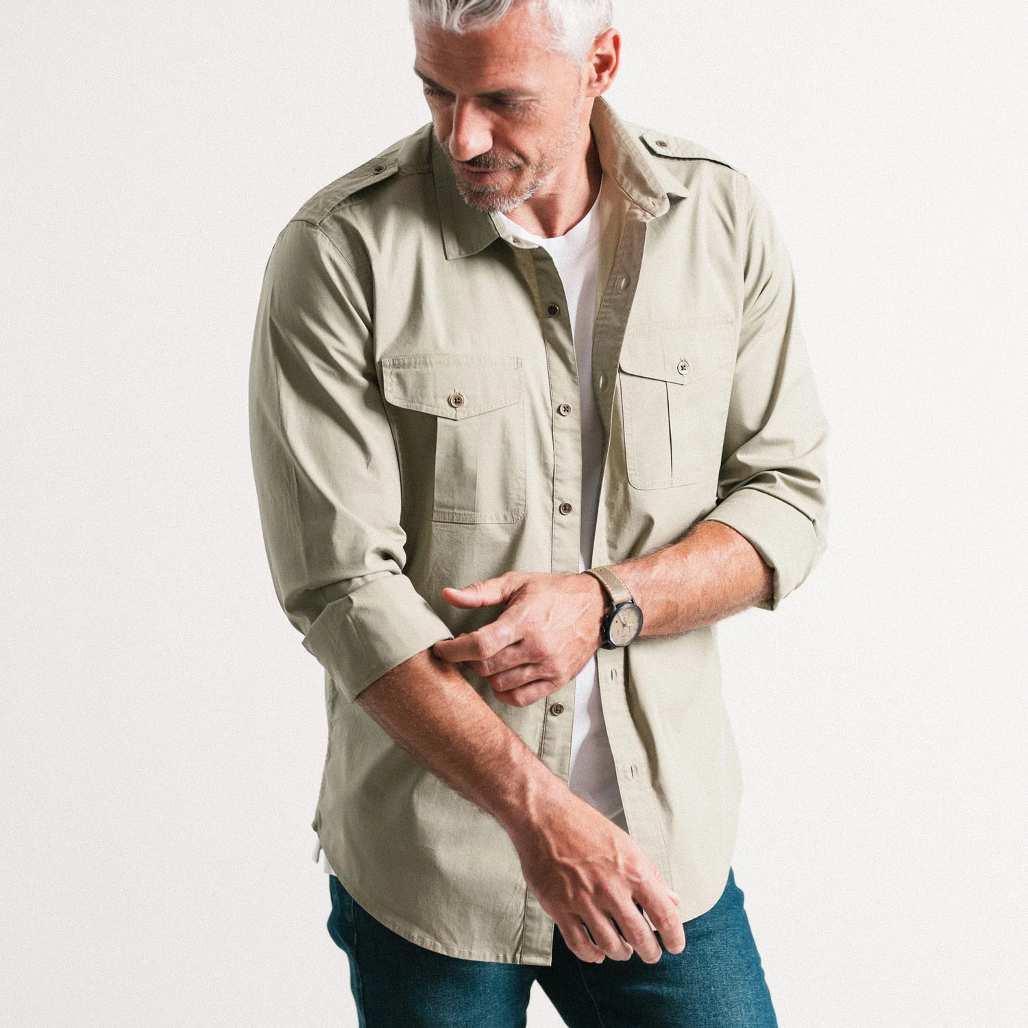 Guide Utility Shirt – Light Fatigue Green Stretch Cotton Poplin - Image 6
