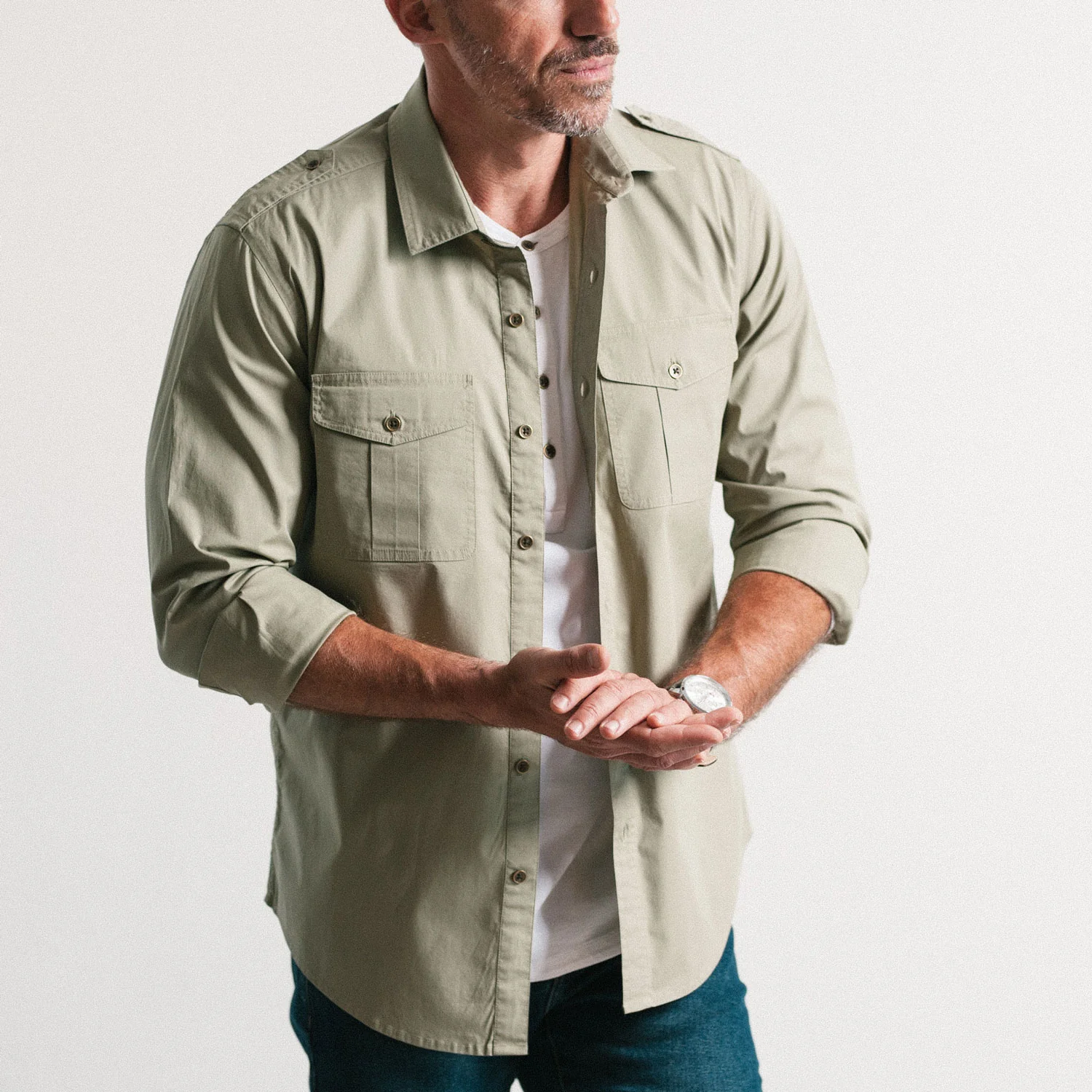 Guide Utility Shirt – Light Fatigue Green Stretch Cotton Poplin - Image 8