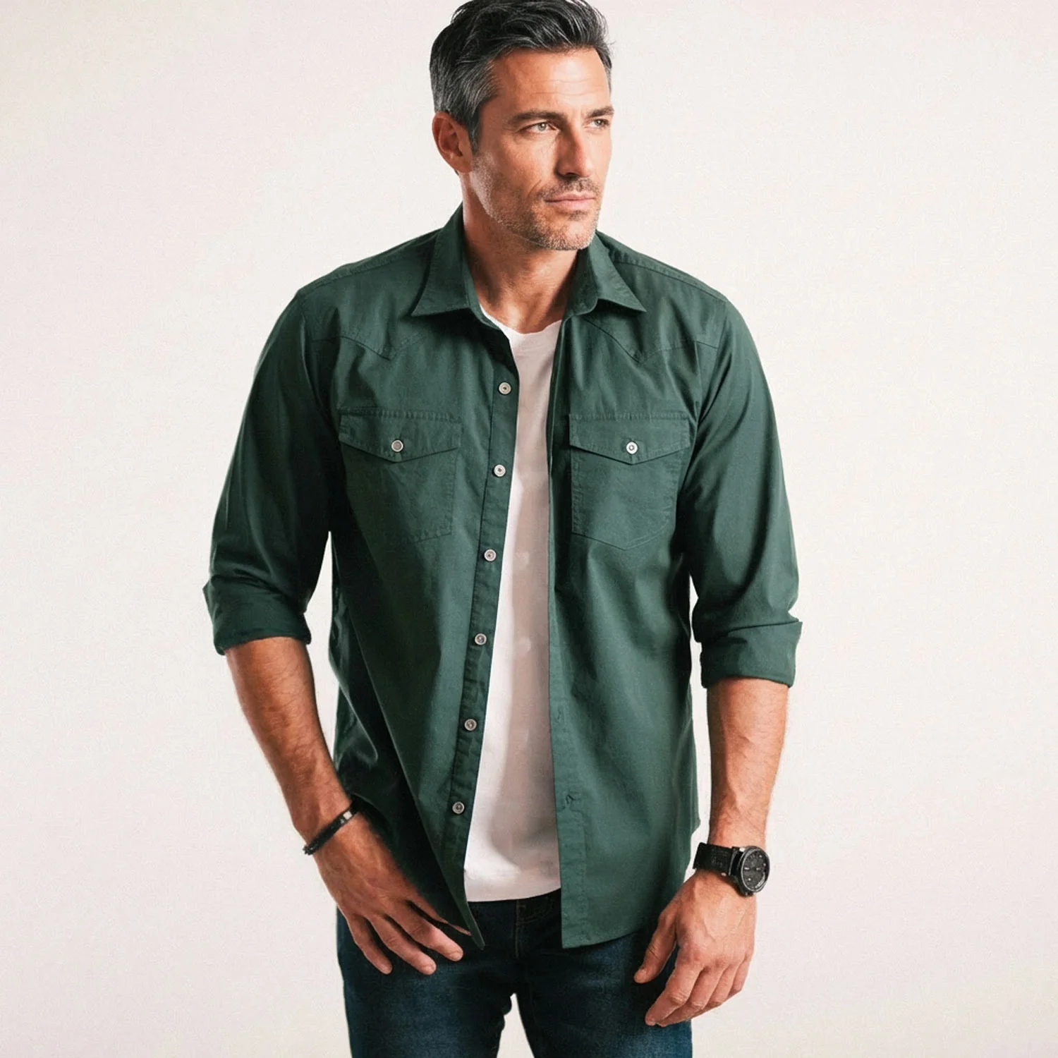 Maker Shirt – Forest Green Stretch Poplin - Image 4