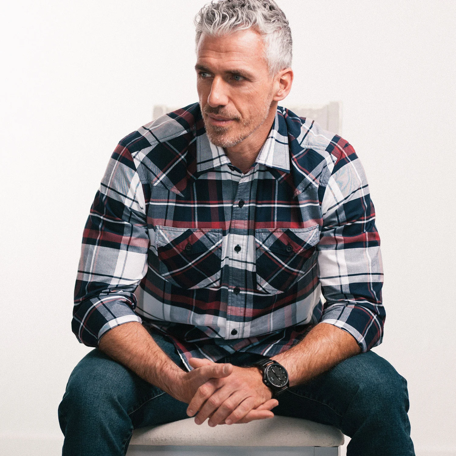 Maker Shirt – Navy, Red and White Cotton Oxford Plaid - Image 4