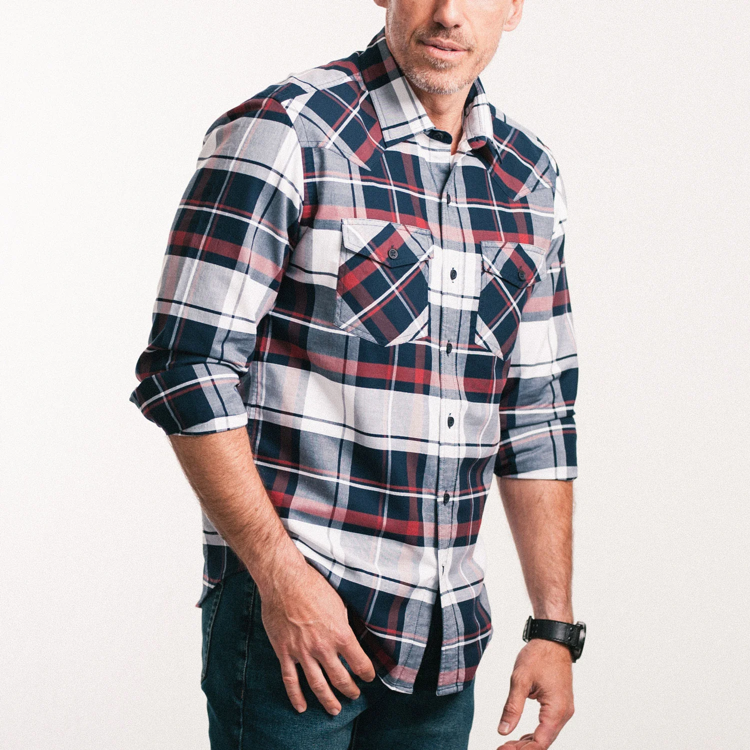 Maker Shirt – Navy, Red and White Cotton Oxford Plaid - Image 5