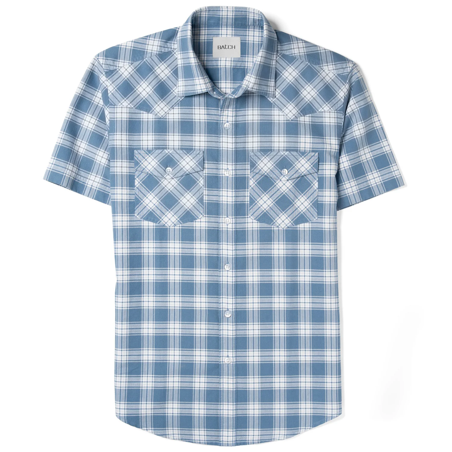 Maker Short Sleeve Utility Shirt – Blue Cotton Oxford Plaid - Image 2