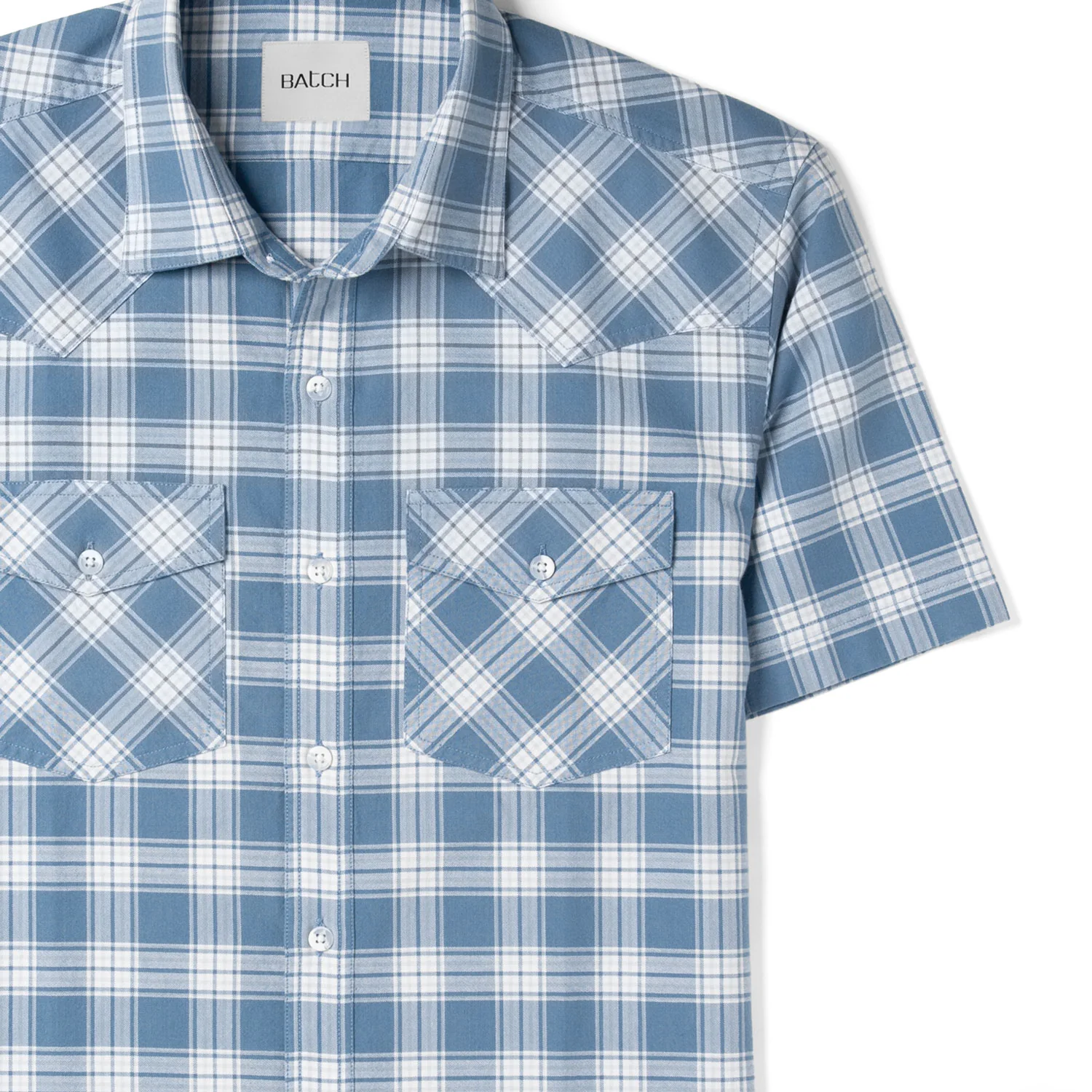 Maker Short Sleeve Utility Shirt – Blue Cotton Oxford Plaid - Image 3