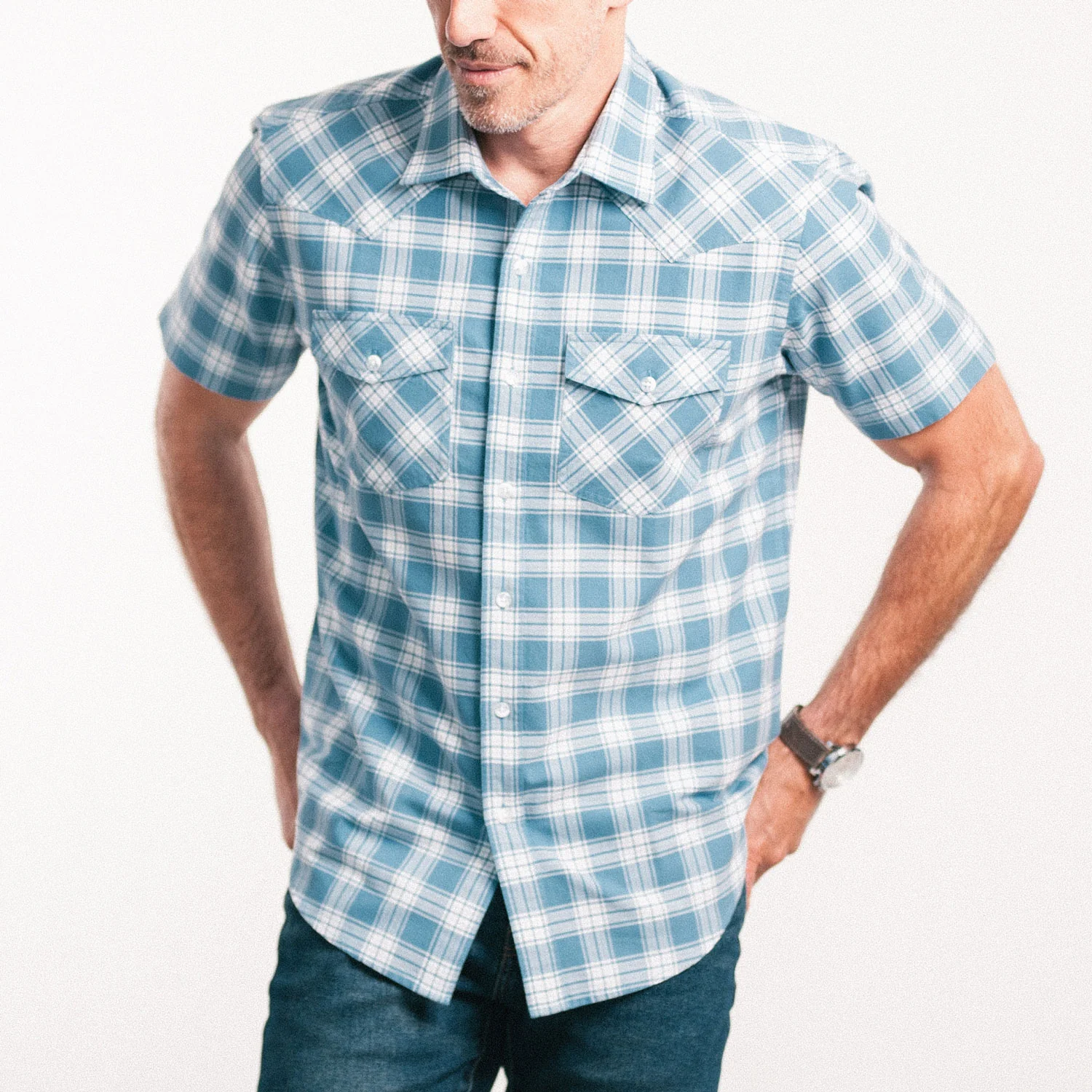 Maker Short Sleeve Utility Shirt – Blue Cotton Oxford Plaid - Image 4