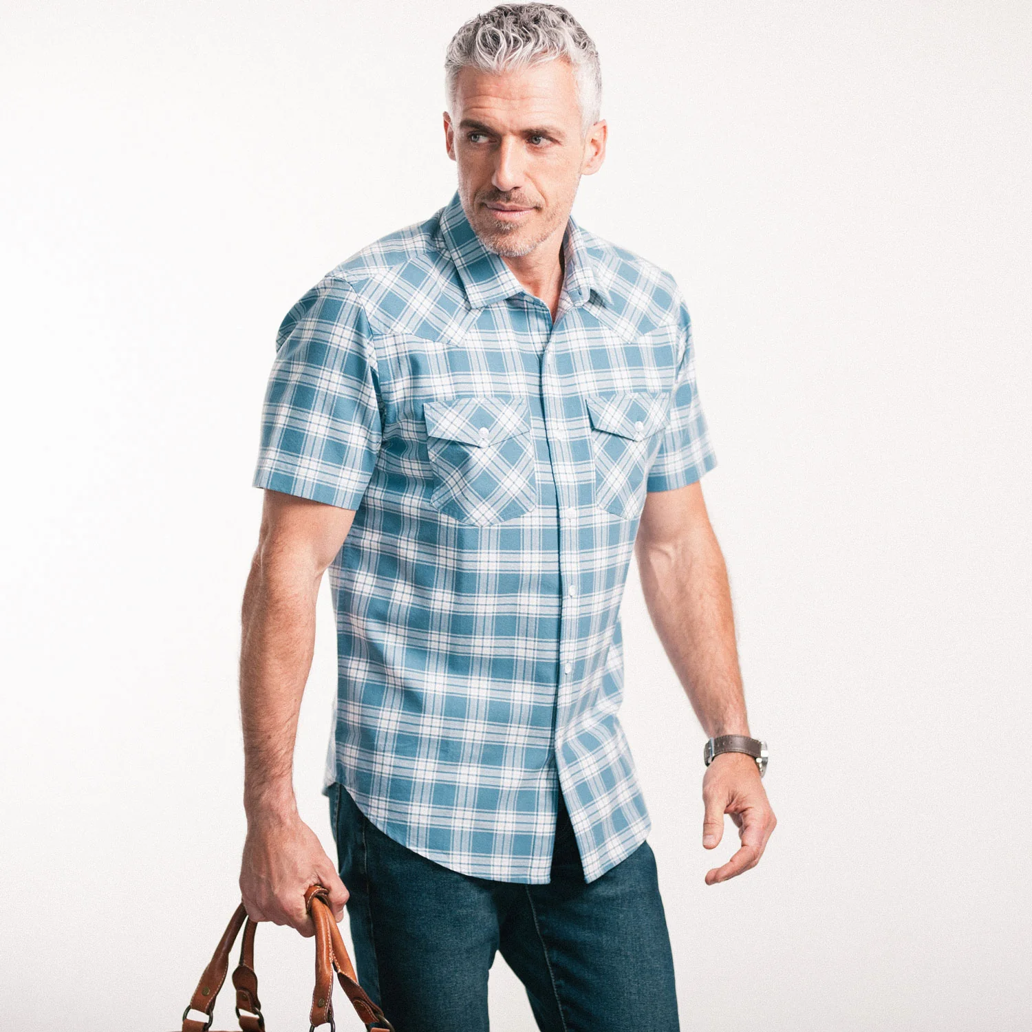 Maker Short Sleeve Utility Shirt – Blue Cotton Oxford Plaid - Image 5