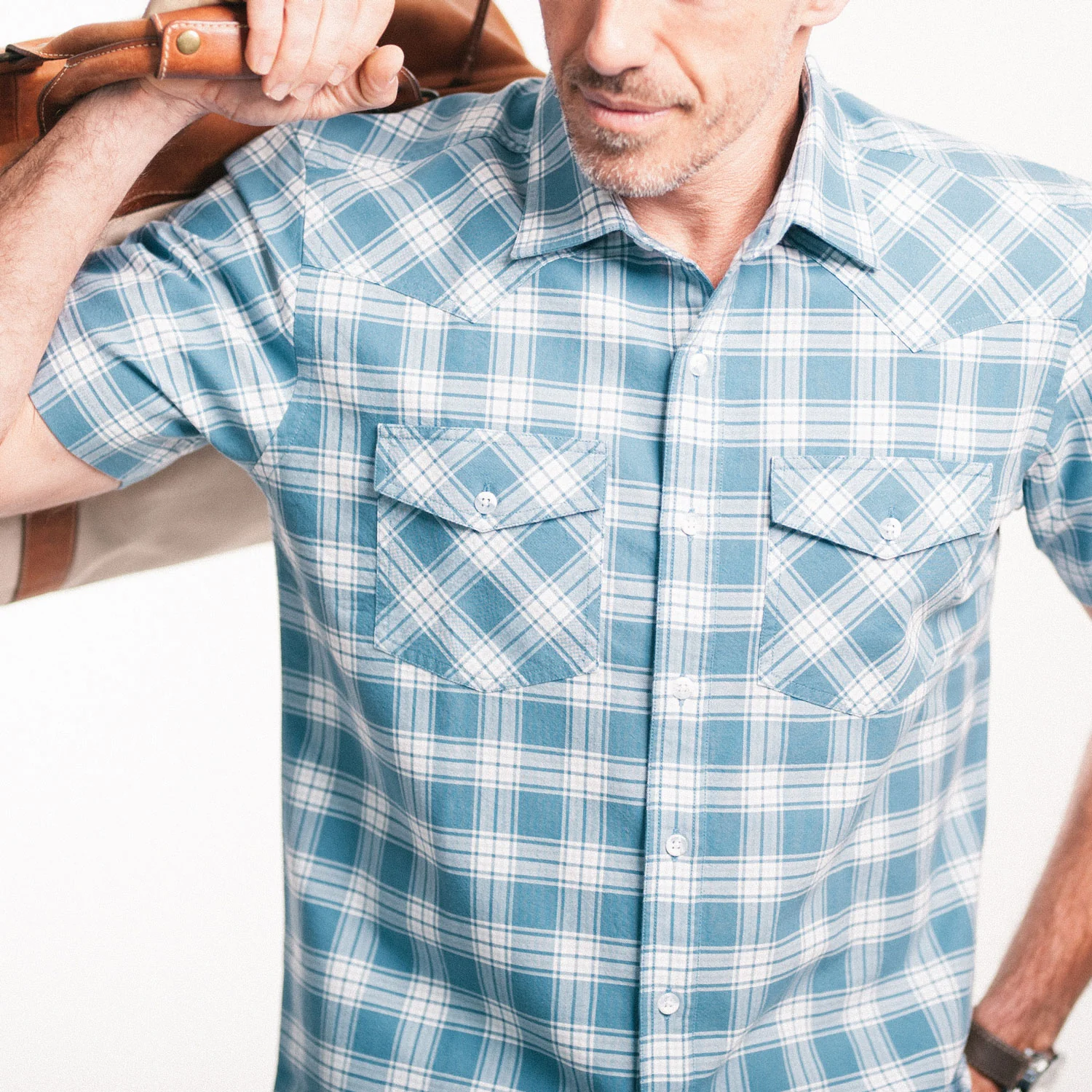 Maker Short Sleeve Utility Shirt – Blue Cotton Oxford Plaid - Image 6