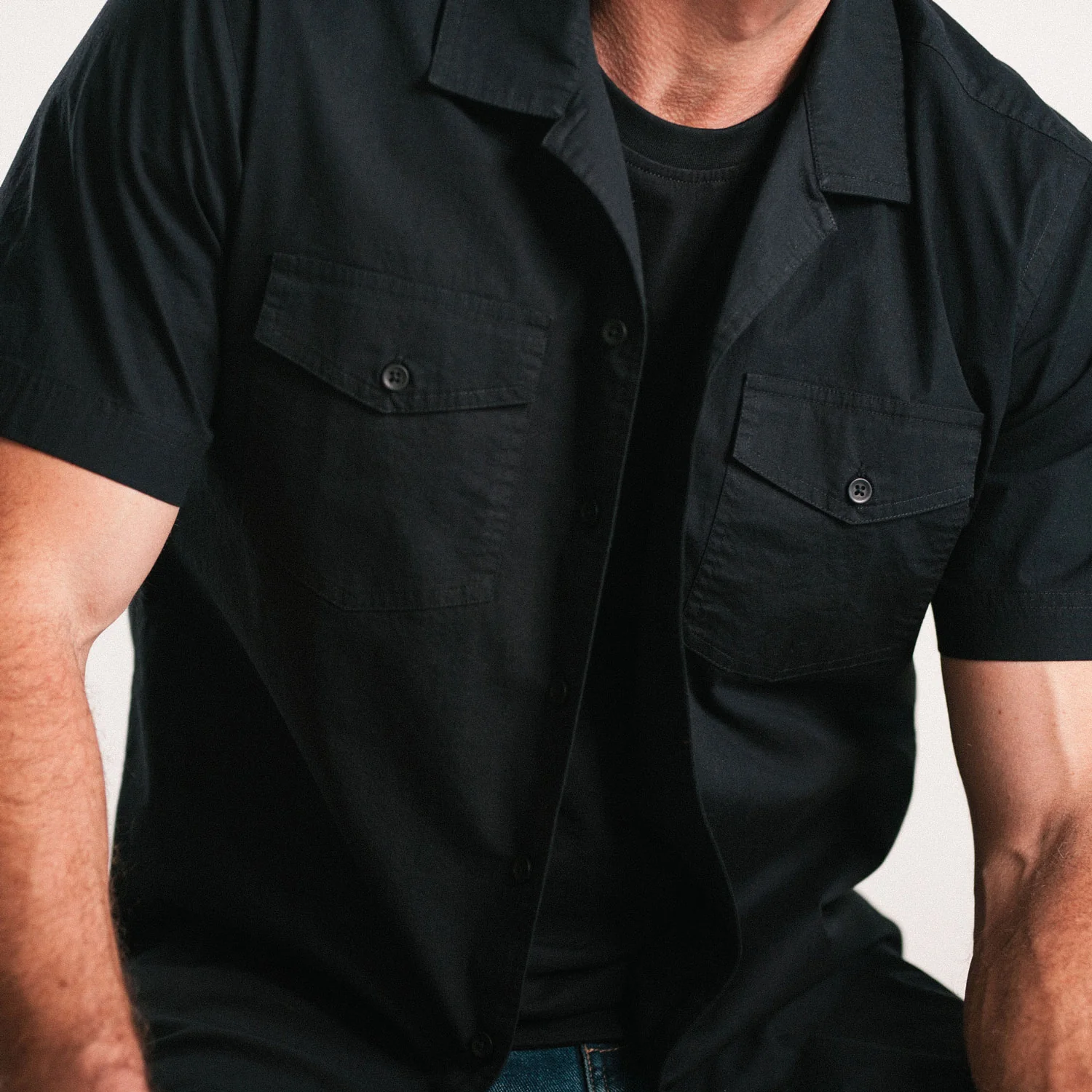 Pioneer Short Sleeve Camp Collar Shirt – Black Stretch Poplin - Image 4