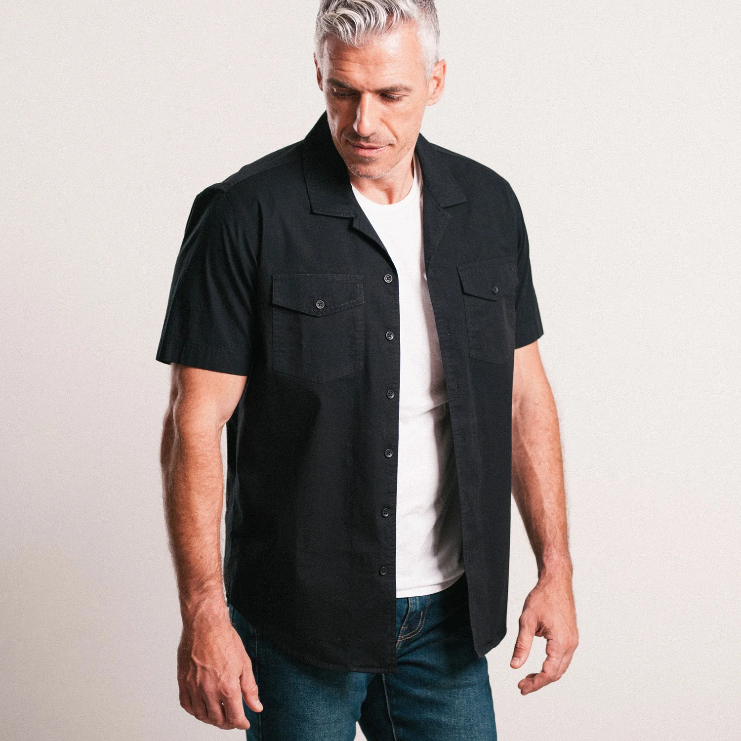 Pioneer Short Sleeve Camp Collar Shirt – Black Stretch Poplin - Image 5