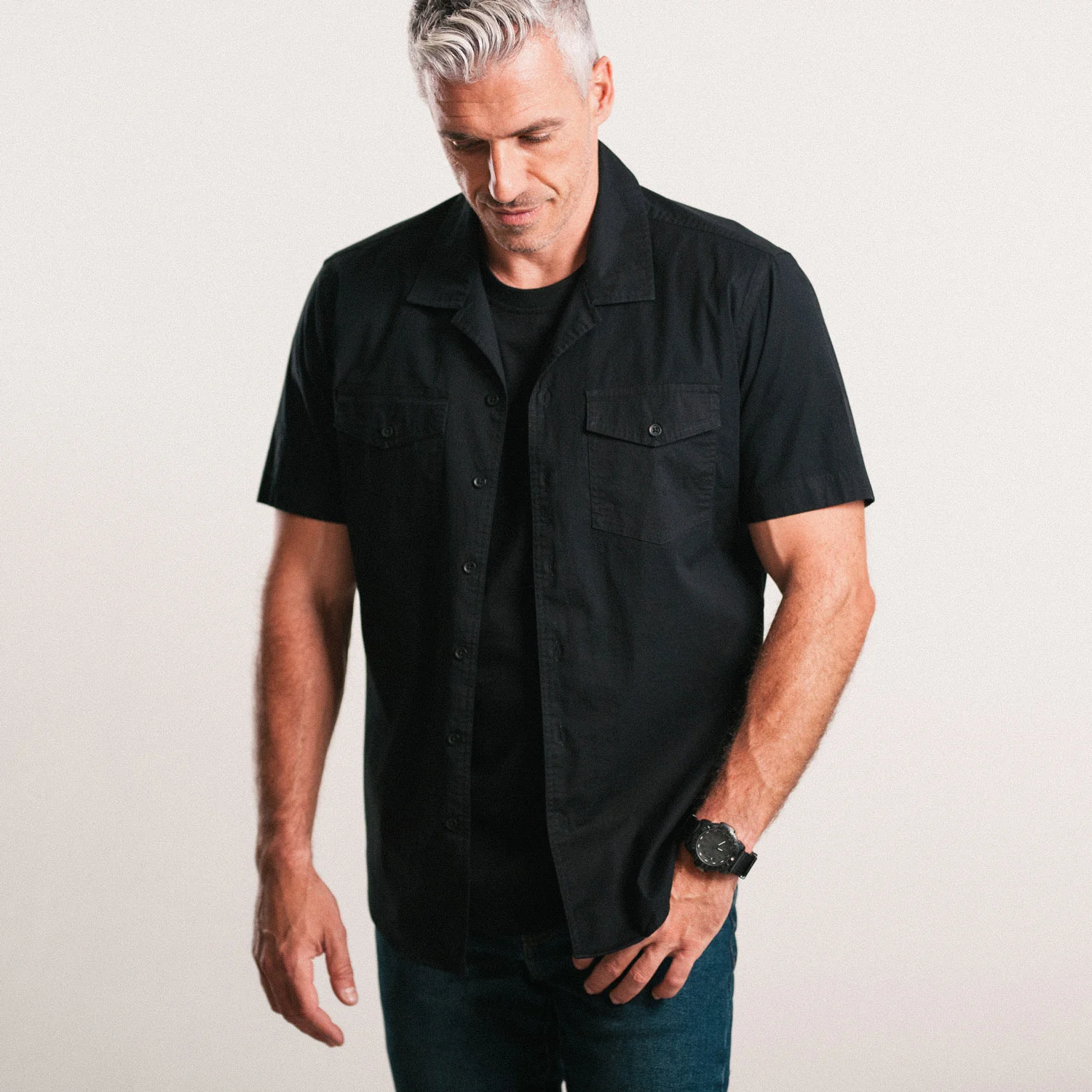 Pioneer Short Sleeve Camp Collar Shirt – Black Stretch Poplin - Image 6