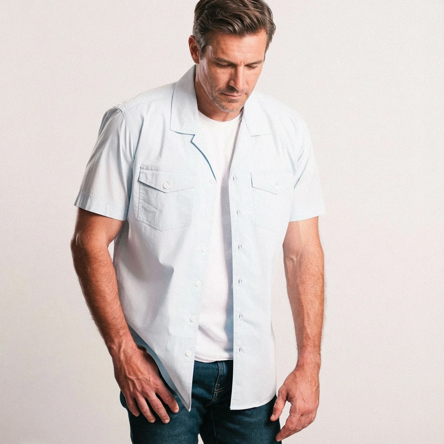 Pioneer Short Sleeve Camp Collar Shirt – Light Blue Stretch Poplin - Image 4