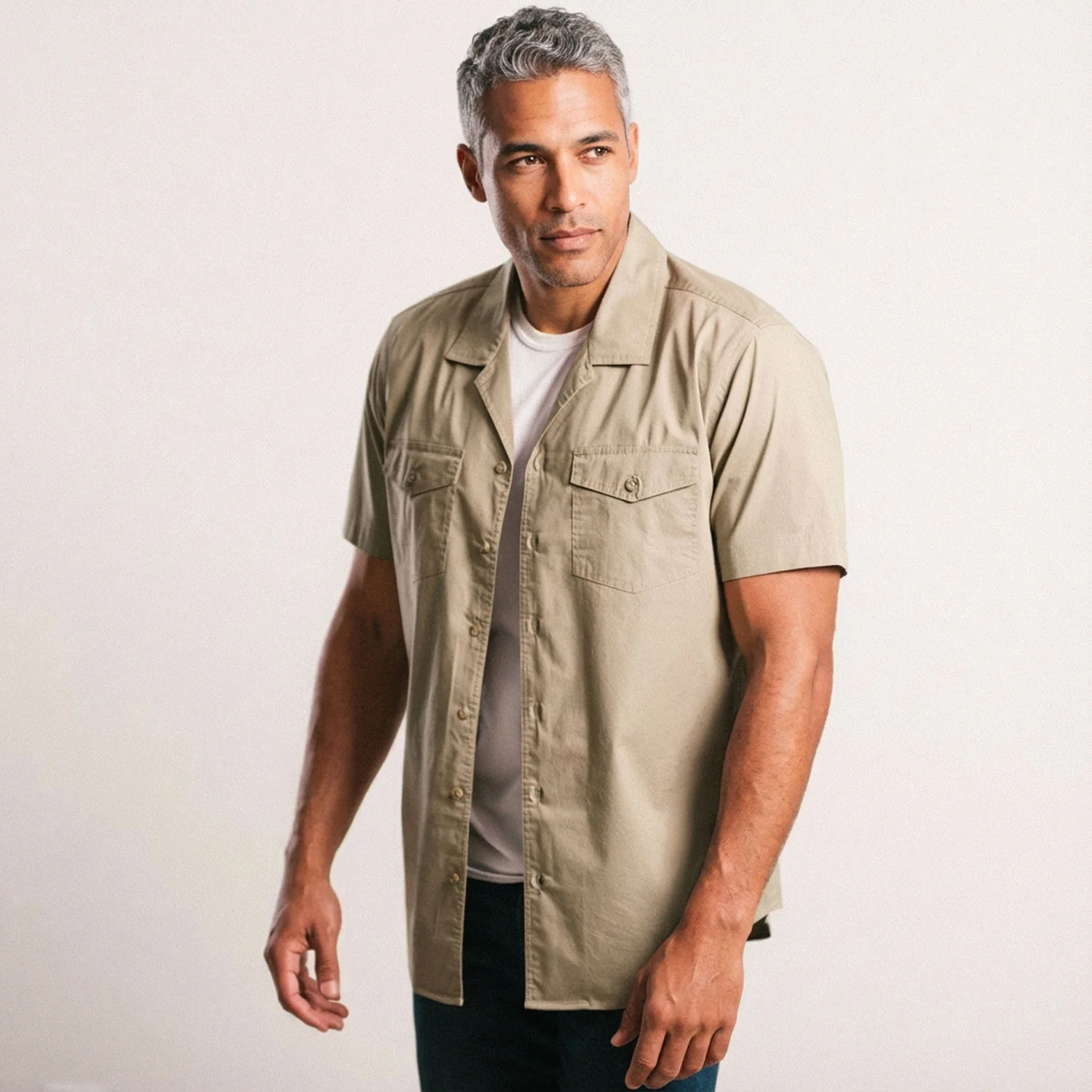 Pioneer Short Sleeve Camp Collar Shirt – Light Fatigue Stretch Poplin