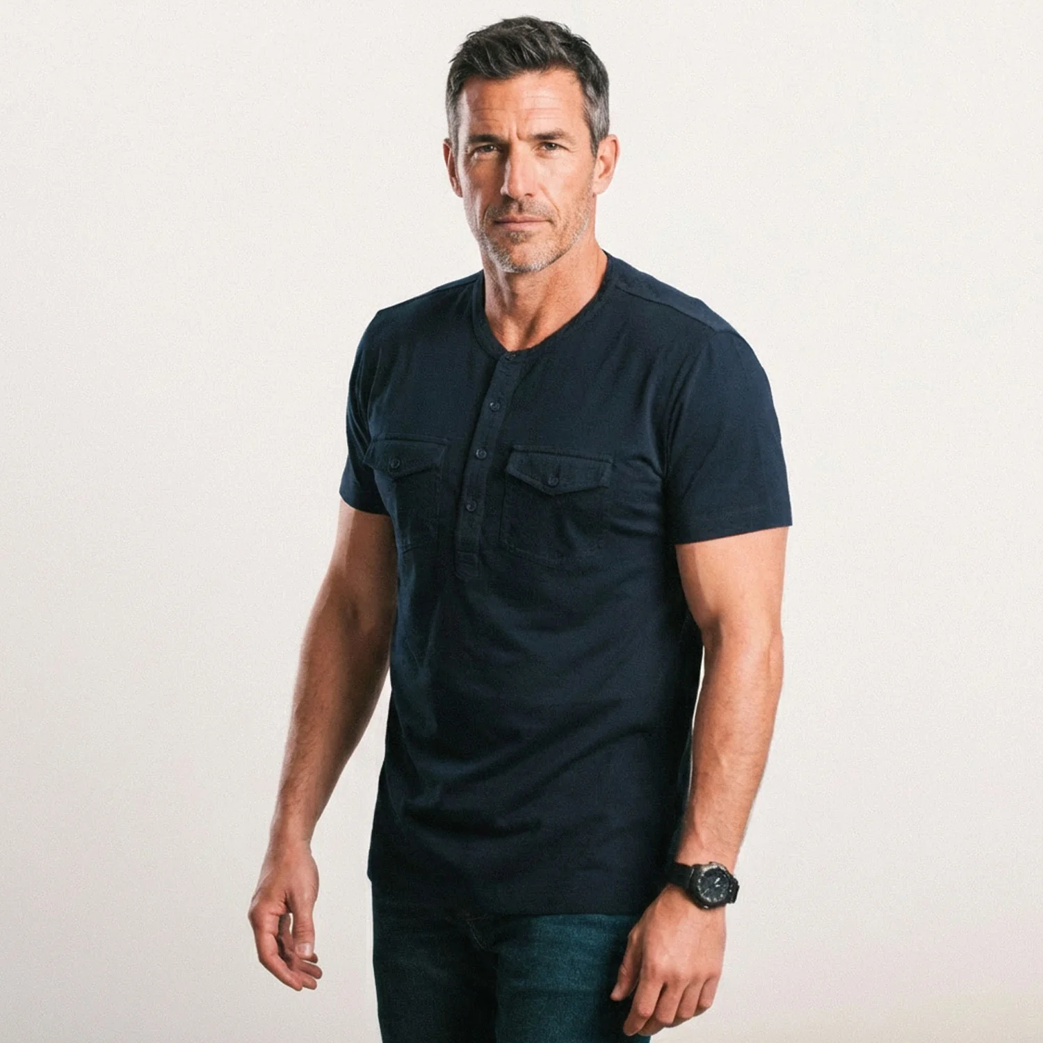Pioneer Short Sleeve Henley Shirt – Navy Cotton Jersey