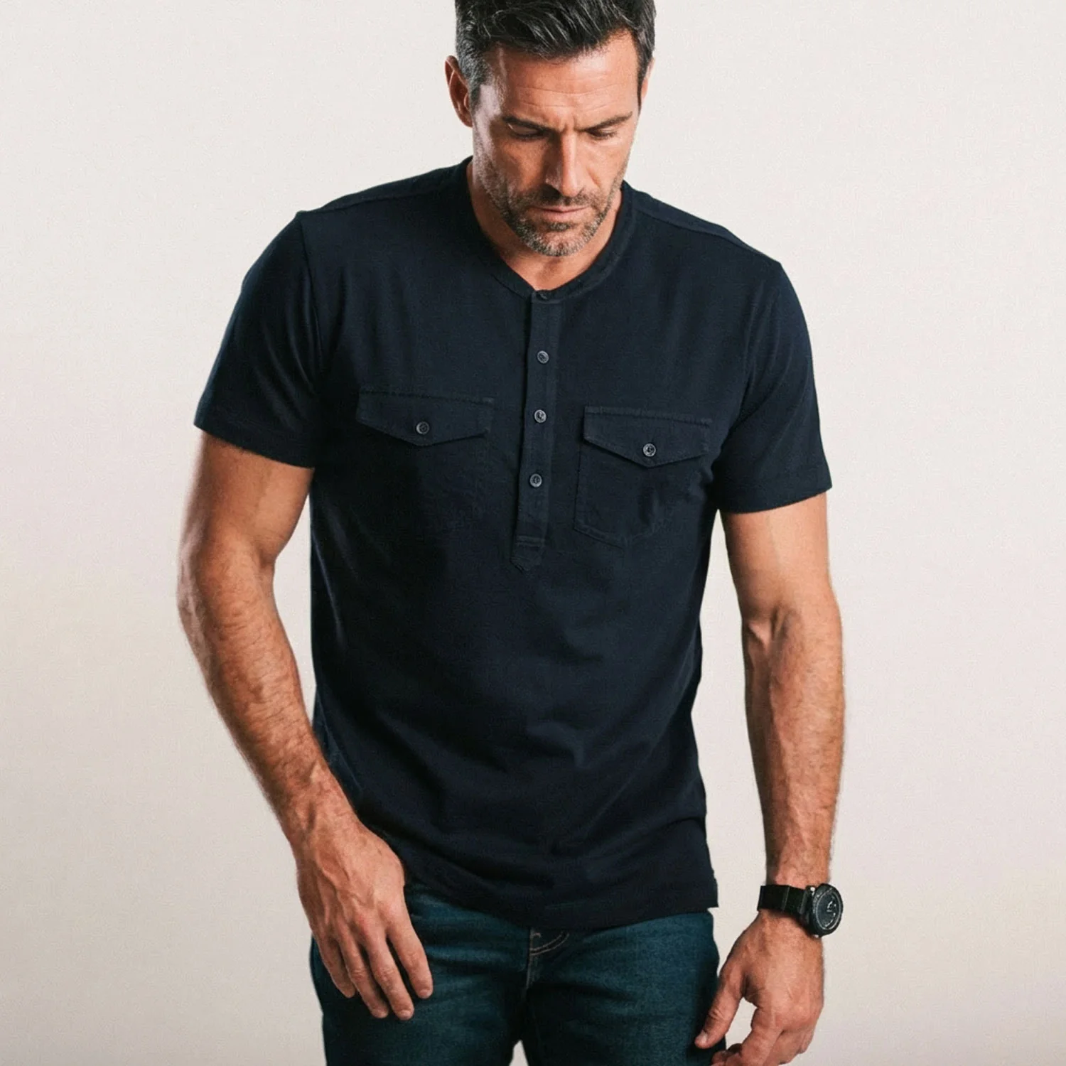 Pioneer Short Sleeve Henley Shirt – Navy Cotton Jersey - Image 4
