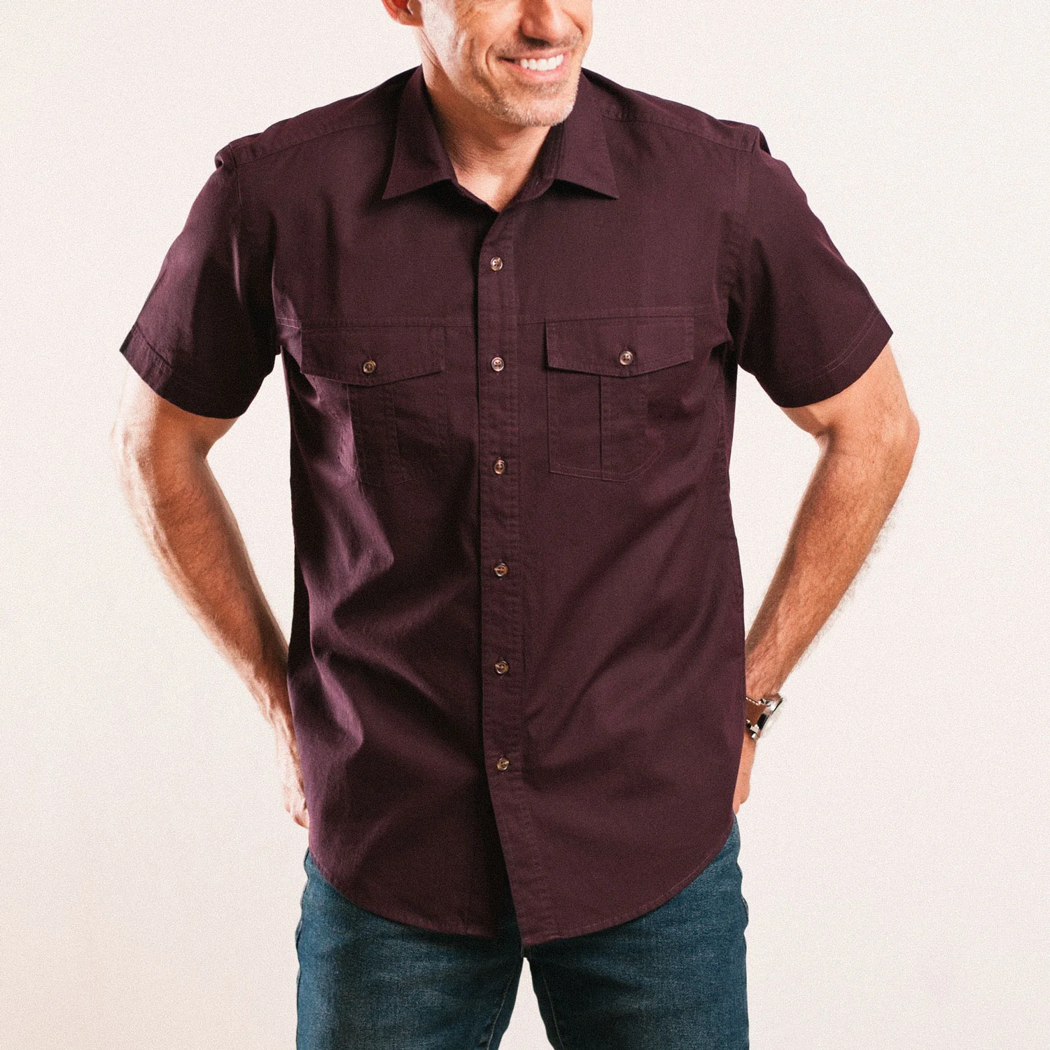 Primer Short Sleeve Utility Shirt – Burgundy Cotton Twill - Image 4
