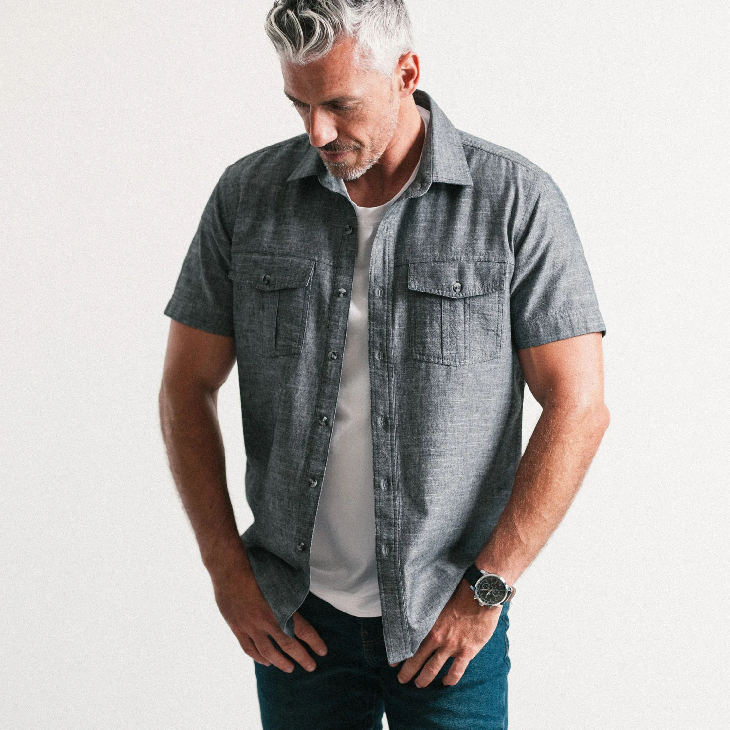 Primer Short Sleeve Utility Shirt – Flint Gray Slub Chambray - Image 4