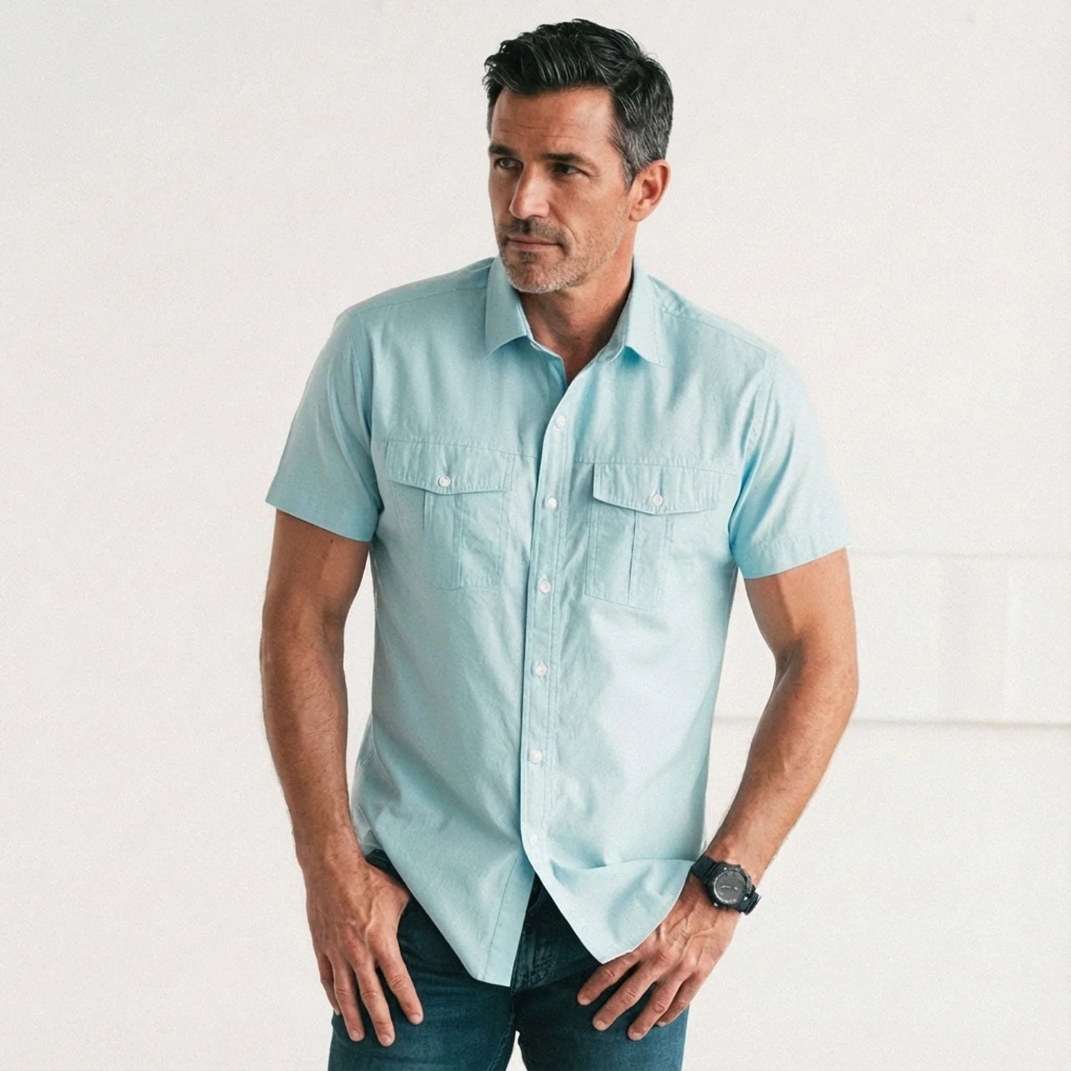 Primer Short Sleeve Utility Shirt – Light Blue Cotton Twill