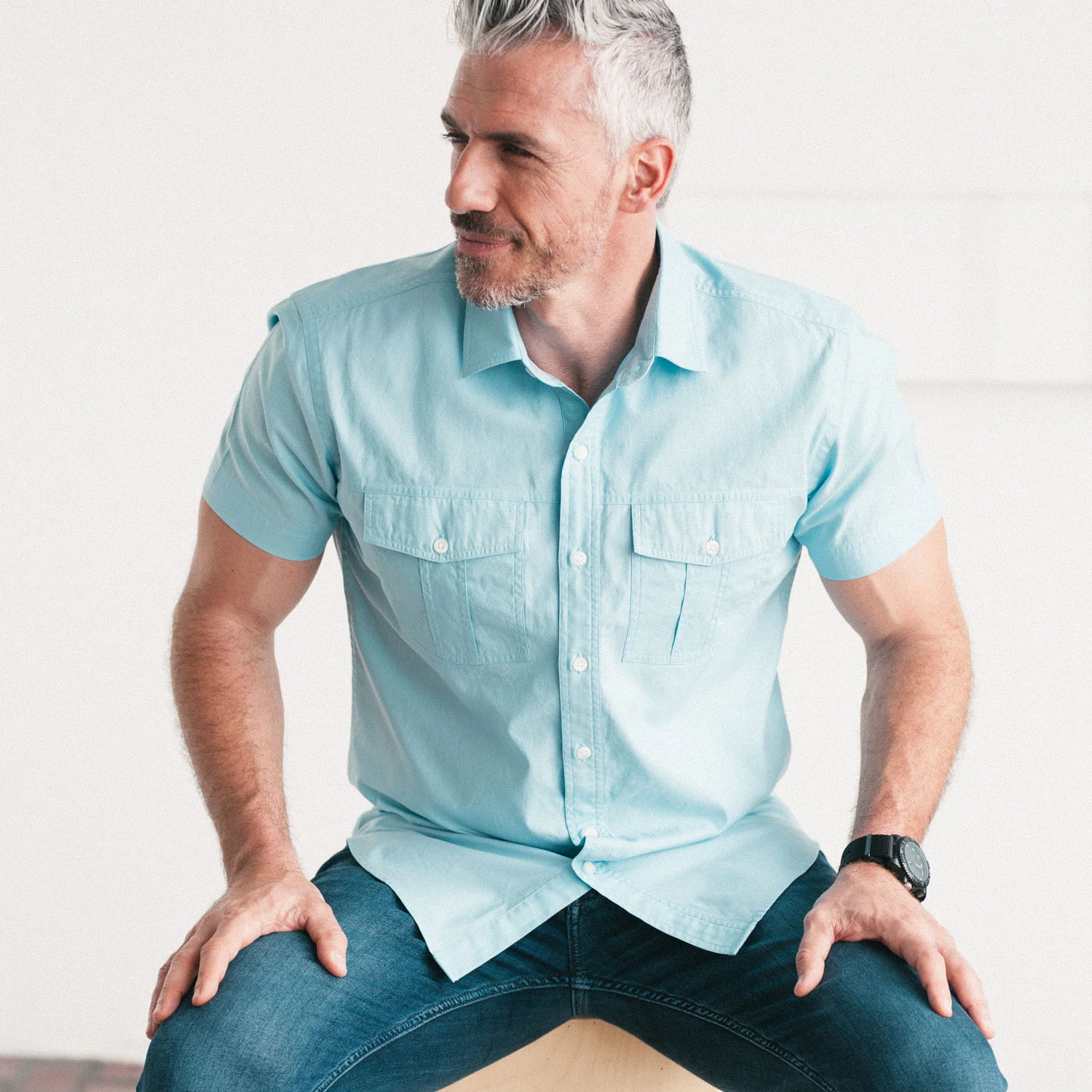 Primer Short Sleeve Utility Shirt – Light Blue Cotton Twill - Image 4