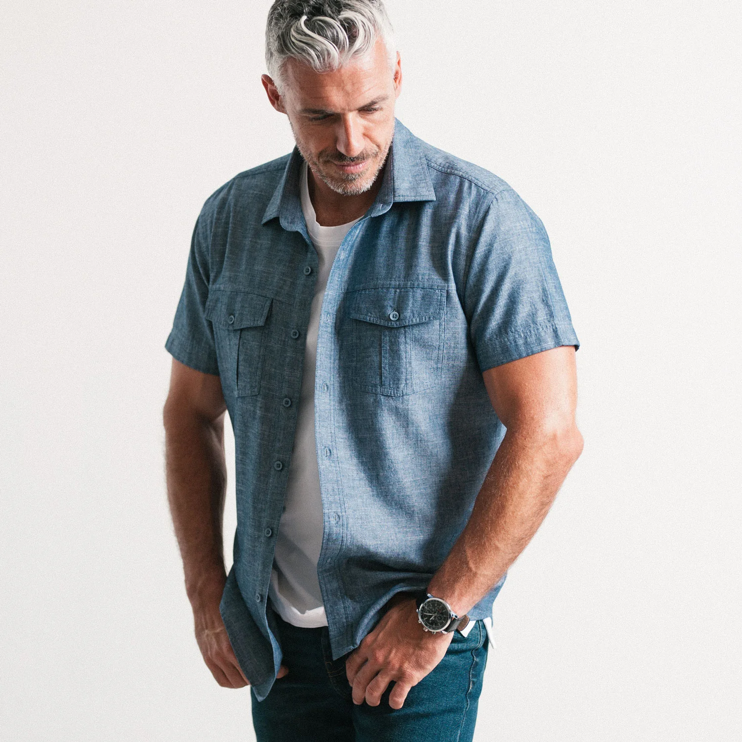 Primer Short Sleeve Utility Shirt – Navy Blue Slub Chambray - Image 4