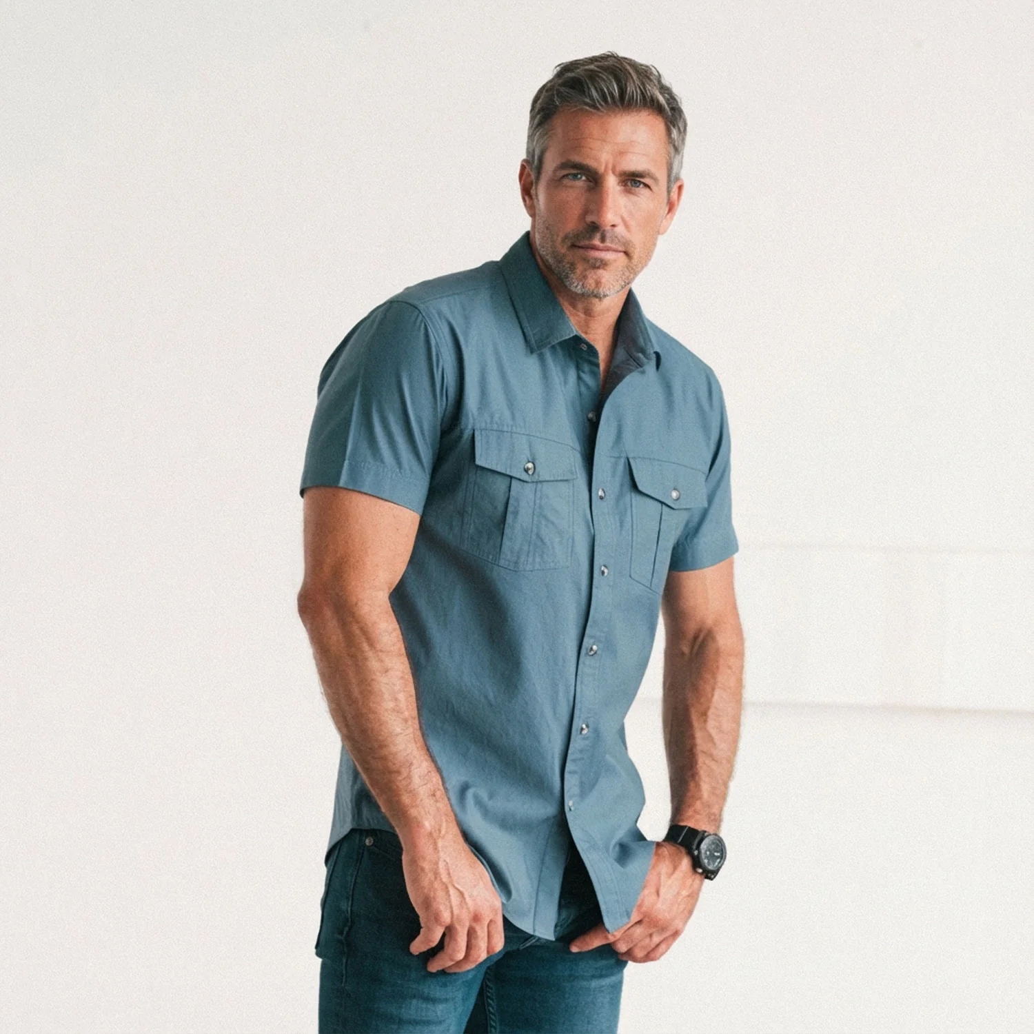 Primer Short Sleeve Utility Shirt – Stone Blue Mercerized Cotton