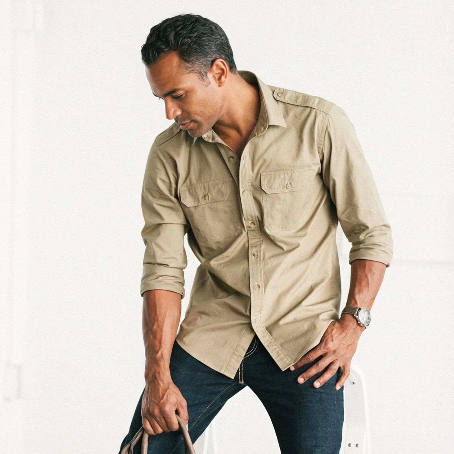 Smith Utility Shirt – Light Fatigue Khaki Cotton Twill - Image 4