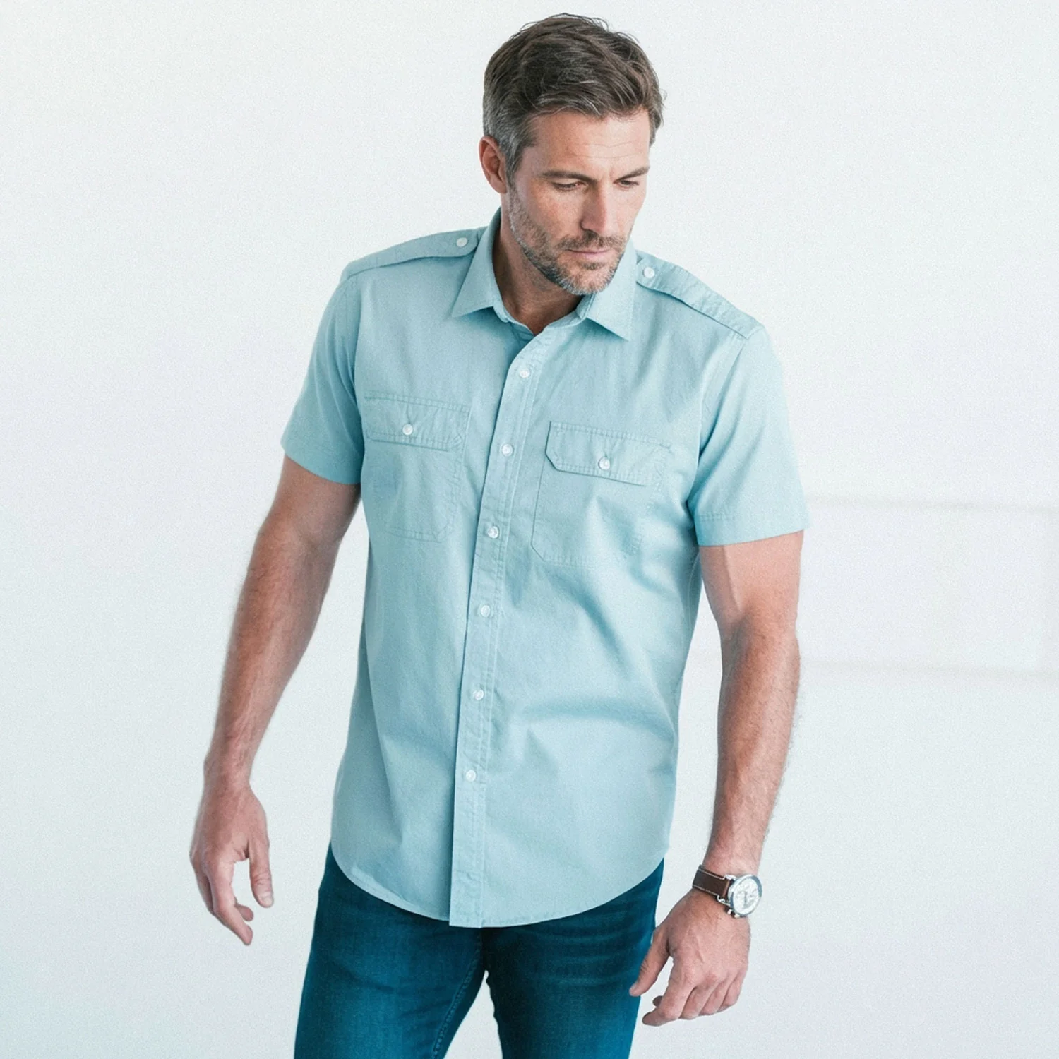 Smith Utility Short Sleeve Shirt – Light Blue Cotton Twill