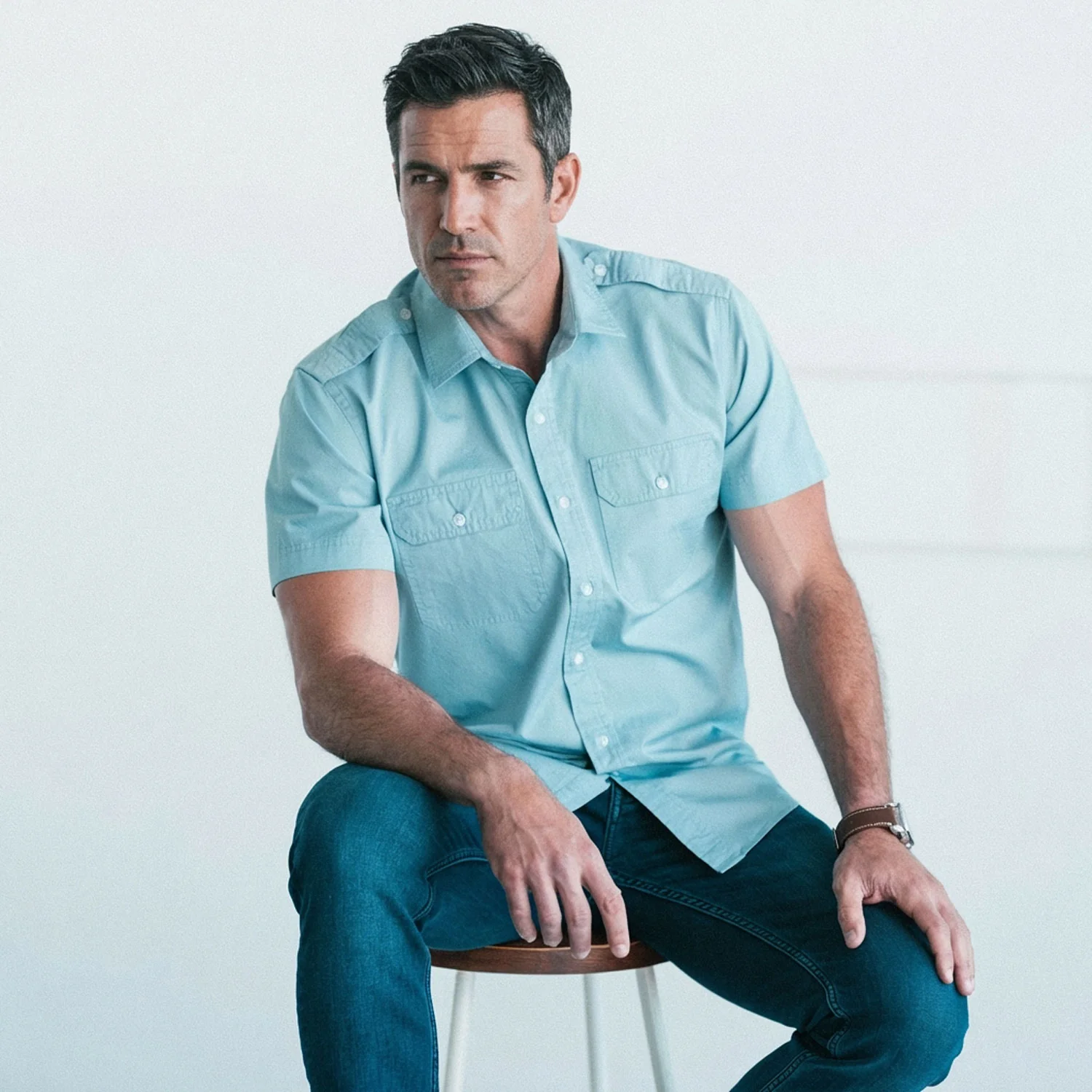 Smith Utility Short Sleeve Shirt – Light Blue Cotton Twill - Image 4